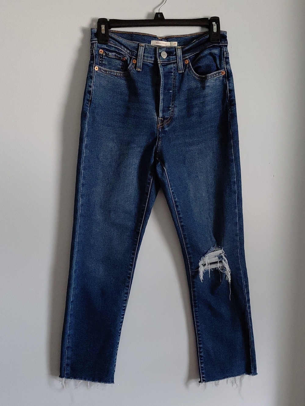 Levis Wedgie Straight Raw Hem Distressed High Waist Button Fly Denim Blue Jeans